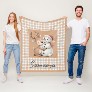 Polar Manta de tartán beige con reno y muñeco de nieve c
