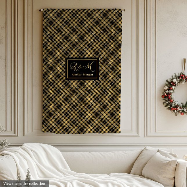 Polar Manta de Tartán Personalizada Negro Oro Acento de  (Tartan Blanket Custom Black Gold Winter Accent)