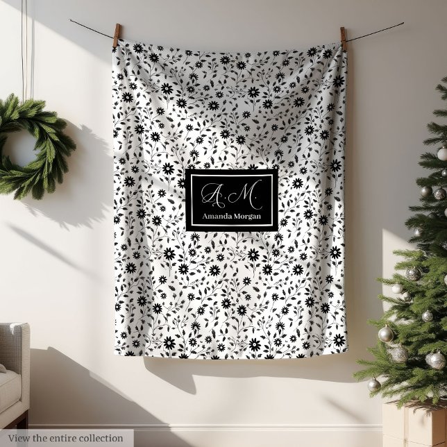 Polar Manta Decorativa Personalizada Flores Silvestres N (Custom Decorative Blanket Black White Wildflowers )