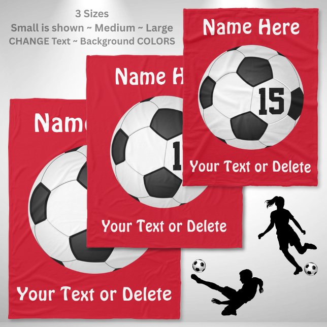 Polar Manta del fútbol con NOMBRE, NÚMERO y el TEXTO (Soccer senior night gift ideas. Personalised football gifts. Personalized soccer team gifts. Red.)