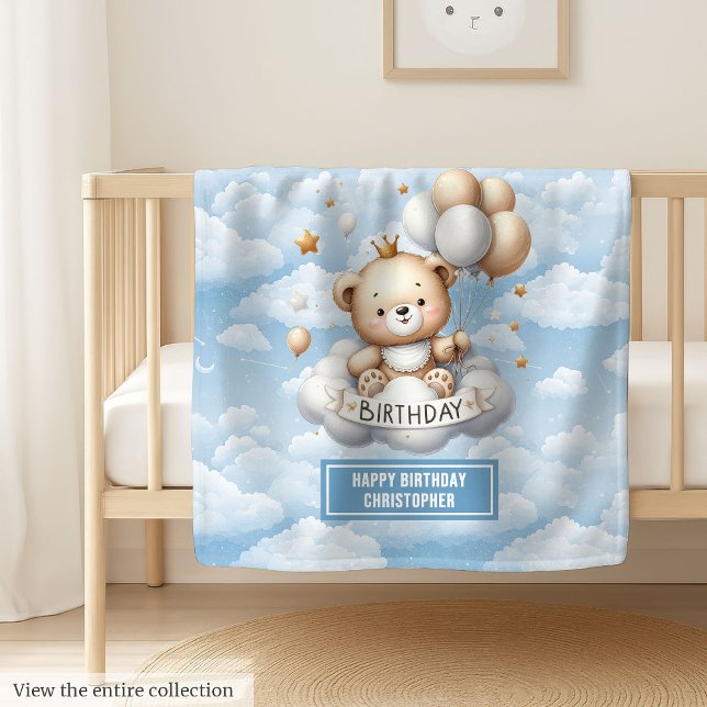 Polar Nombre personalizado manta de primer cumpleaños co (Custom name first birthday blanket with teddy bear)