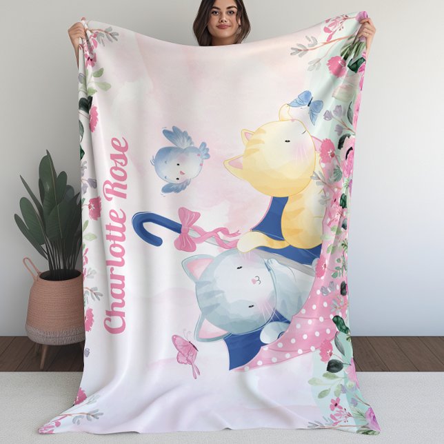 Polar Una manta chica con flores rosas y gatitos comesti (Girl Blanket with Pink Flowers and Cute Kittens)