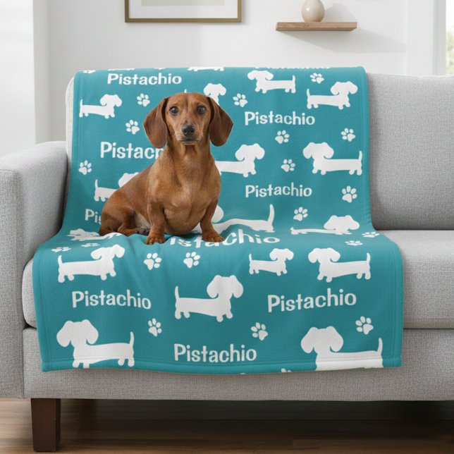 Polar Verde azulada manta personalizada de perro de Dach (Teal dachshund blanket personalized with dog name and fave color)