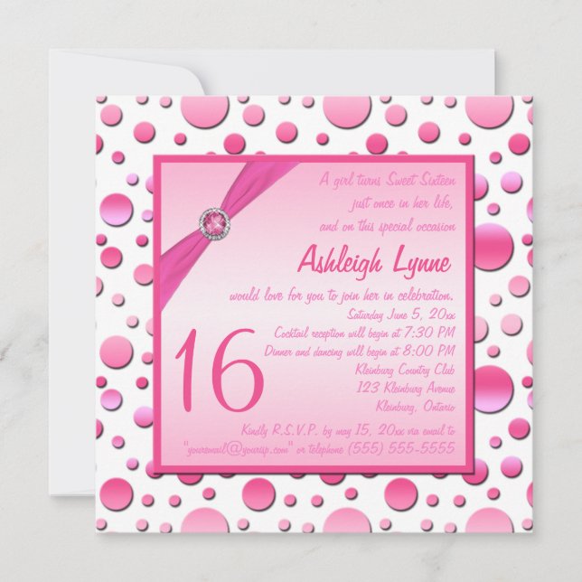 Polka blanco y rosa dulce dieciséis invitaciones (Anverso)