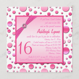 Polka blanco y rosa dulce dieciséis invitaciones