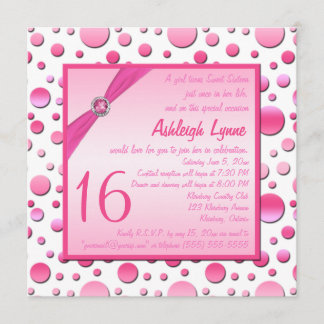 Polka blanco y rosa dulce dieciséis invitaciones