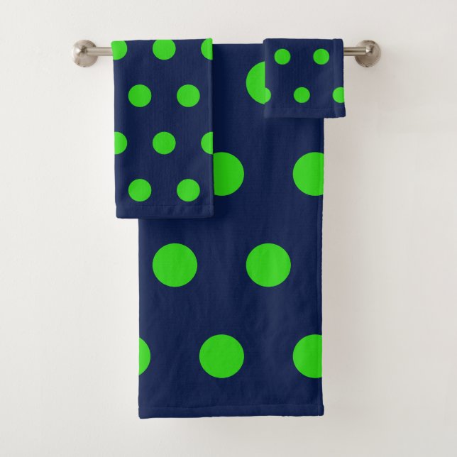 Polka Dot Bath Towels (Navy Blue & Lime Green) (In situ)