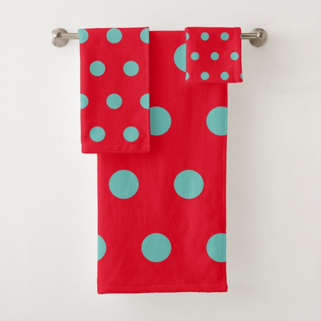Polka Dot Bath Towels (Red & Aqua) (In situ)