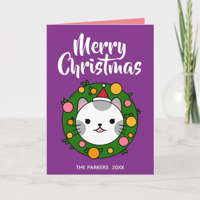 Polka Dot Cat Wreath Purple | Feliz Navidad (Anverso)