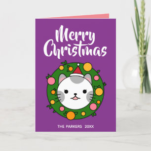 Polka Dot Cat Wreath Purple   Feliz Navidad