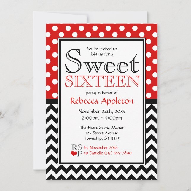 Polka Dot Red & Chevron Dulce Invitaciones Diecisé (Anverso)