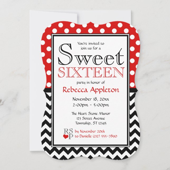 Polka Dot Red & Chevron Dulce Invitaciones Diecisé (Anverso)
