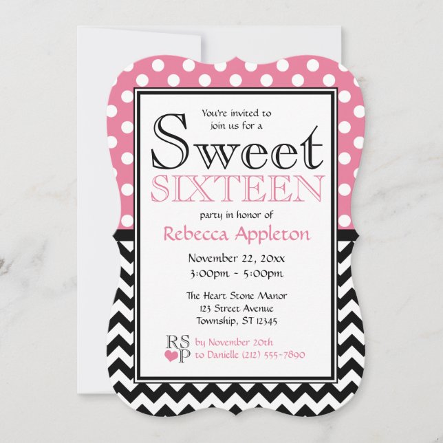 Polka Dot Rosa & Chevron Dulce Invitaciones Diecis (Anverso)