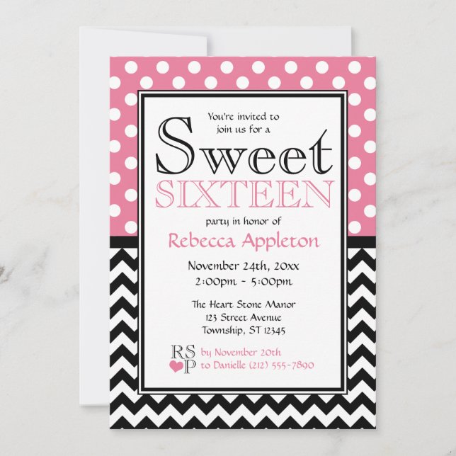 Polka Dot Rosa & Chevron Dulce Invitaciones Diecis (Anverso)