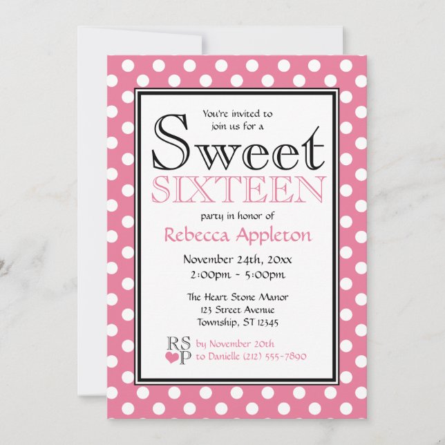 Polka Dot Rosa y Dulce Blanco Dieciséis Invitacion (Anverso)