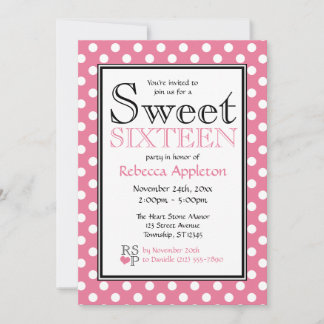 Polka Dot Rosa y Dulce Blanco Dieciséis Invitacion