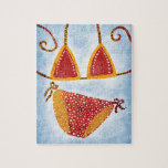 Polka Dot String Bikini Jigsaw Puzzle<br><div class="desc">Cadena Bikini en colorido amarillo y rojo con puntos de polka sobre un fondo azul.</div>