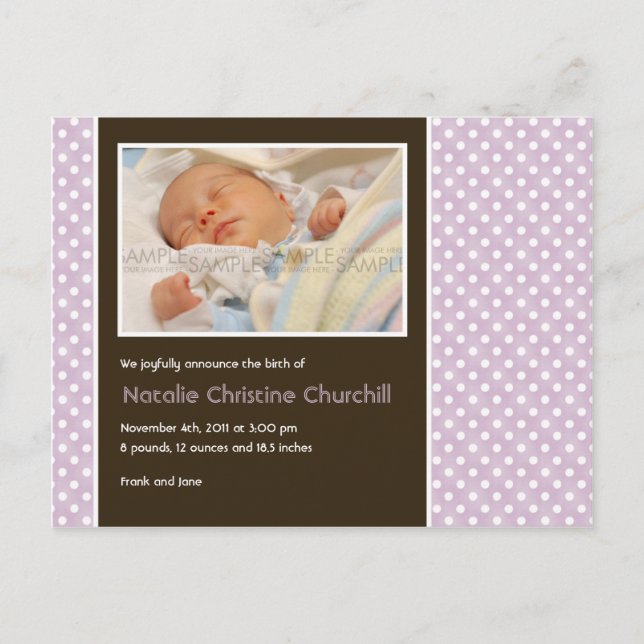 Polka Dots Lilac/Brown ・ Invitación del bebé (Anverso)