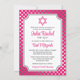 Polka Rosa, Gris Dots Bat Mitzvah Invitación
