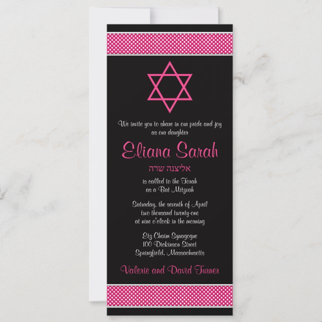 Polka rosa y negro golpea la invitación a Mitzvah (Anverso)