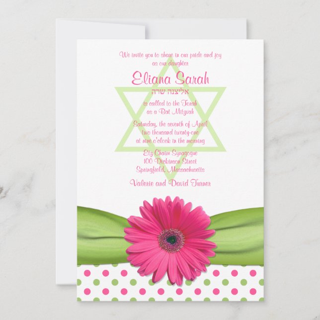 Polka rosa y verde golpea la invitación a Mitzvah (Anverso)