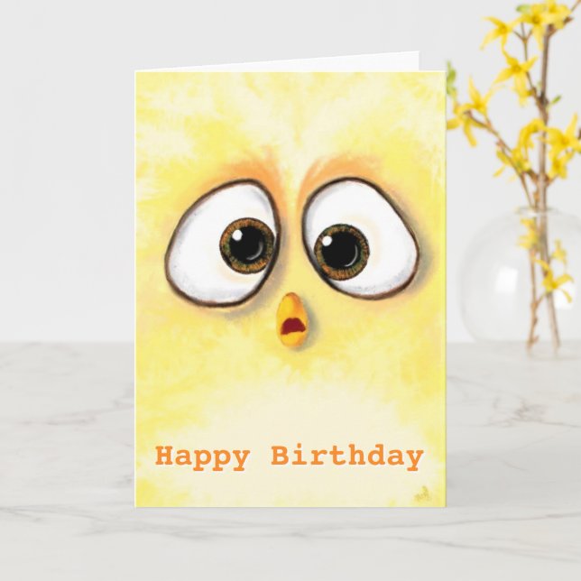 Pollo con tarjeta de cumpleaños para bebés con ojo (flor amarilla)