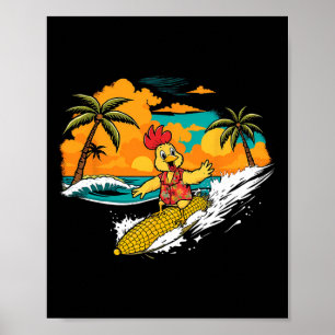 Pollo Retro Surfing Maíz Arte Tropical Hawaiano F