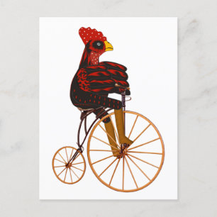 Pollo Rooster Montando Una Tarjeta De Bicicleta Vi