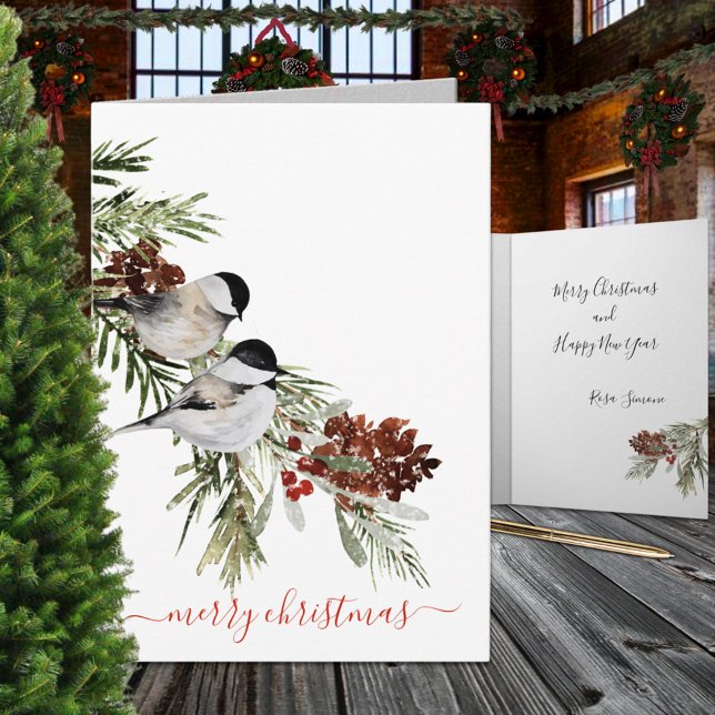 Pollos de invierno Pine Berries Feliz Navidad (Winter Chickadees Pine Berries Merry Christmas Holiday Card: watercolour-painted on all 4 sides)