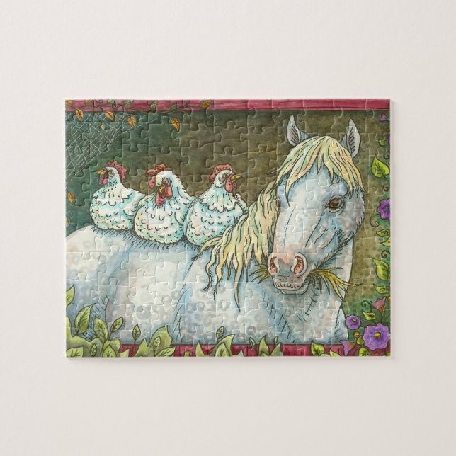 POLLOS EN EL ESTABLE, CABALLO Y HENS PUZZLE Jigsaw (Horizontal)