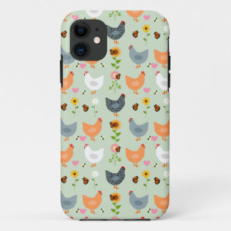 Pollos en el Funda verde del iPhone 11 de las flor