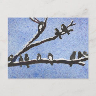 Pollos en la tarjeta postal de las ramas nevadas