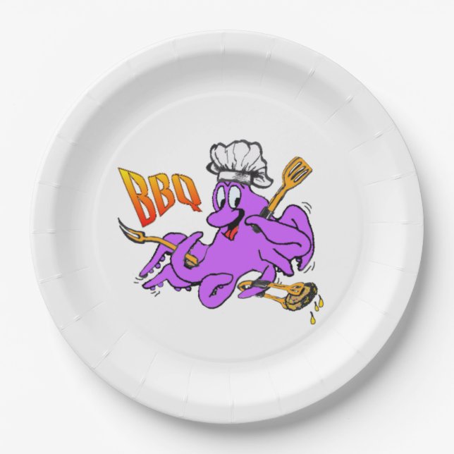 Polvo de pulpo en barbacoa. platos de papel (Anverso)