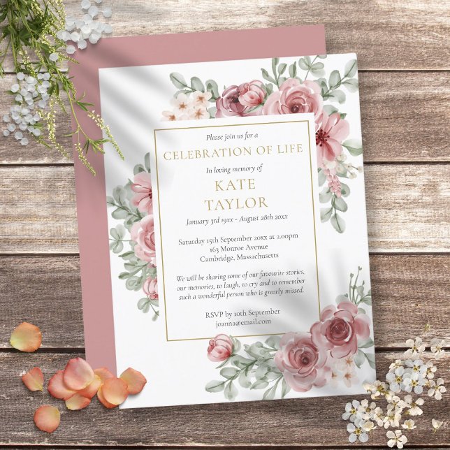 Polvorienta celebración Rosa de la invitación al f (Dusty Rose Celebration of Life Funeral Invitation)