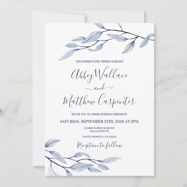 Polvorienta invitación a la boda botánica azul (Anverso)