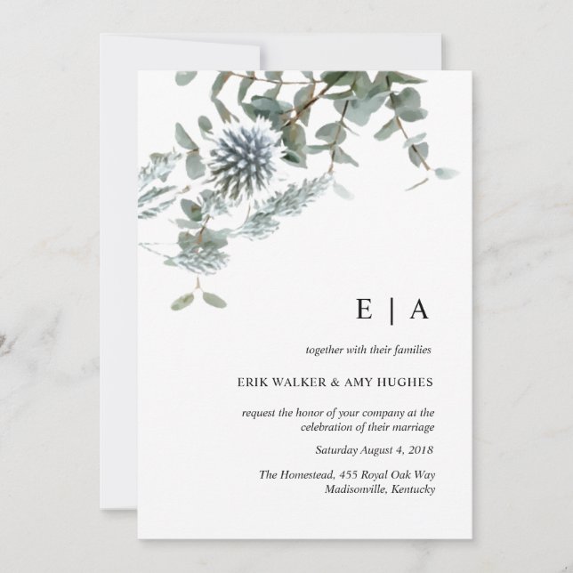 Polvorienta invitación a la boda de color azul flo (Anverso)