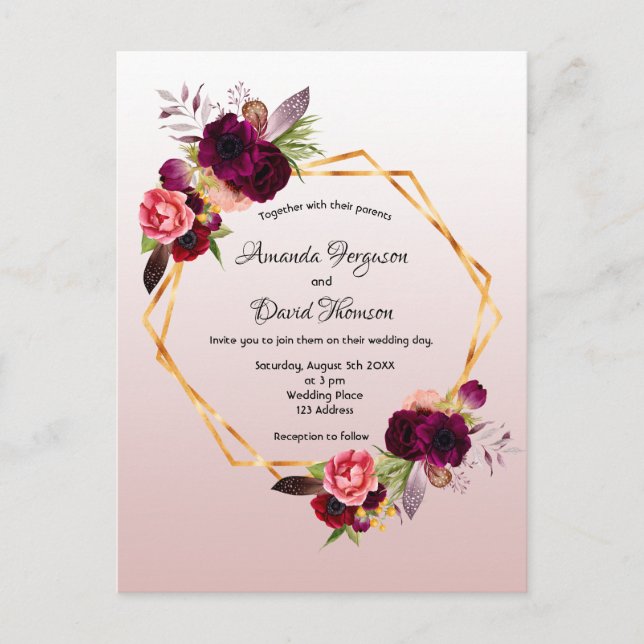 Polvorienta invitación a la boda de rosas burgundy (Anverso)