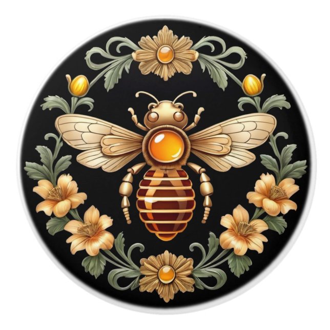 Pomo De Cerámica Abeja de Art Nouveau sobre negro (Anverso)