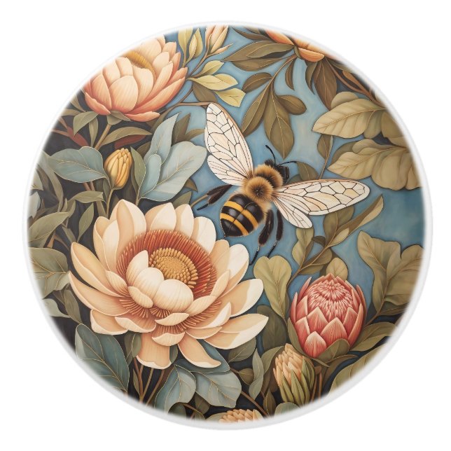 Pomo De Cerámica Abeja de hermoso jardín con flores de protea (Anverso)