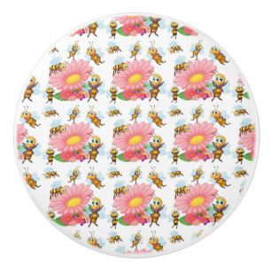 Pomo De Cerámica Abejas volando alrededor de flores de primavera
