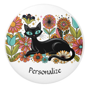 Pomo De Cerámica Accent Floral Retro Gato Negro Personalizado
