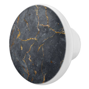 Pomo De Cerámica Acentos dorados de textura de mármol negro