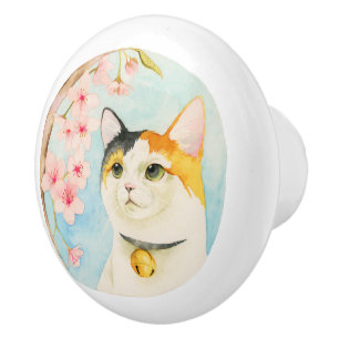 Pomo De Cerámica Acuarela del gato y de la flor de cerezo de calic