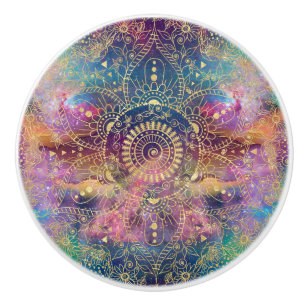 Pomo De Cerámica acuarela dorada y nebulosa mandala