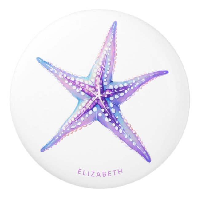 Pomo De Cerámica Acuarela Púrpura Azul Playa Starfish Costa (Anverso)