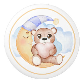 Pomo De Cerámica Adorable Teddy Bear & Half Moon