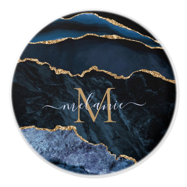 Pomo De Cerámica Agate Navy Blue Gold Gemstone Marble Monograma (Anverso)