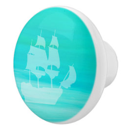 Pomo De Cerámica Agua de mar turquesa y aguamarina con barco de vel