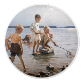 Pomo De Cerámica Albert Edelfelt - Niños jugando en la costa