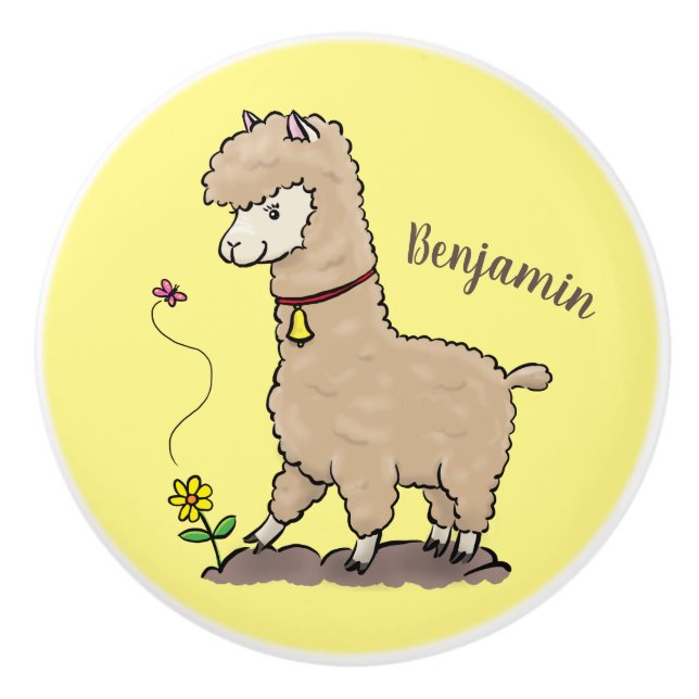 Pomo De Cerámica Alpaca feliz con personalizado de mariposa (Anverso)